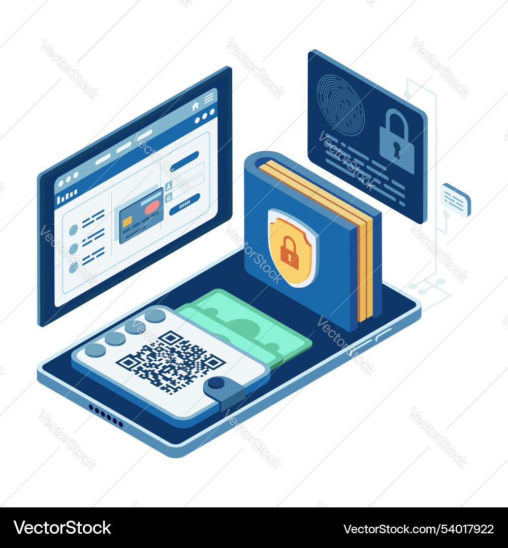 Isometric digital wallet with secure online Isometric digital wallet with secure online vector image