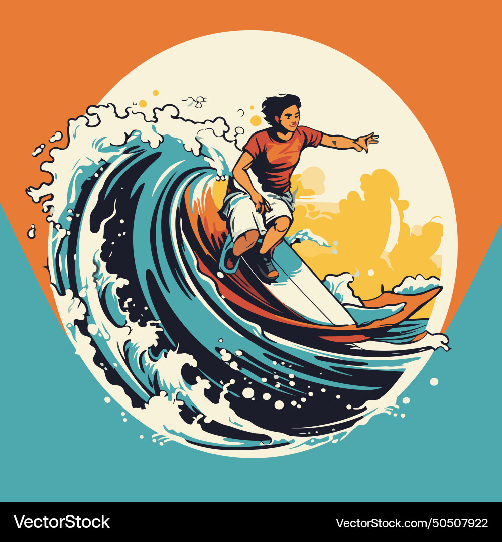 Surfer riding on a wave in retro style vector image