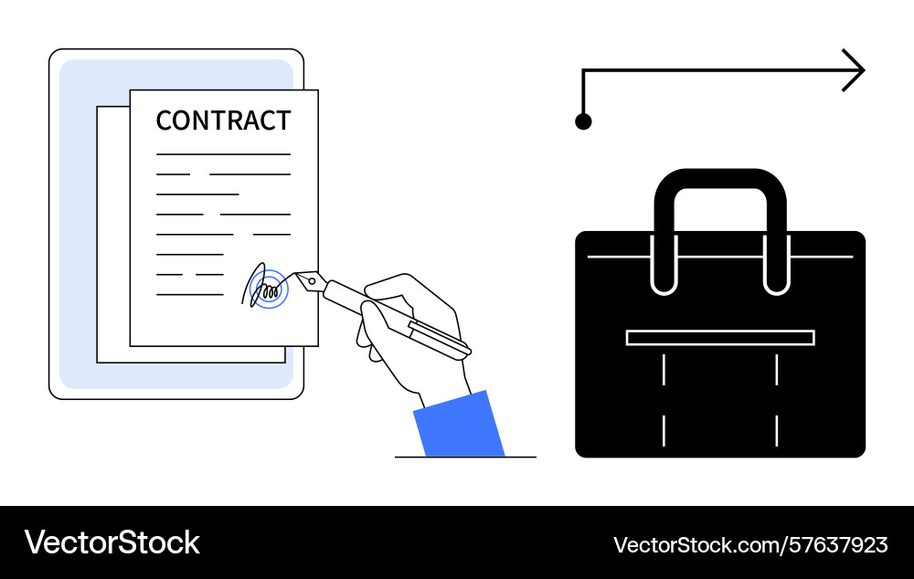 Hand signing contract and briefcase representing Vector Image