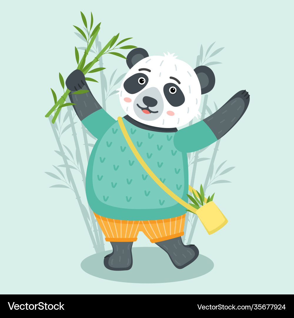 Cheerful cute panda with bamboo Cheerful cute panda with bamboo vector image