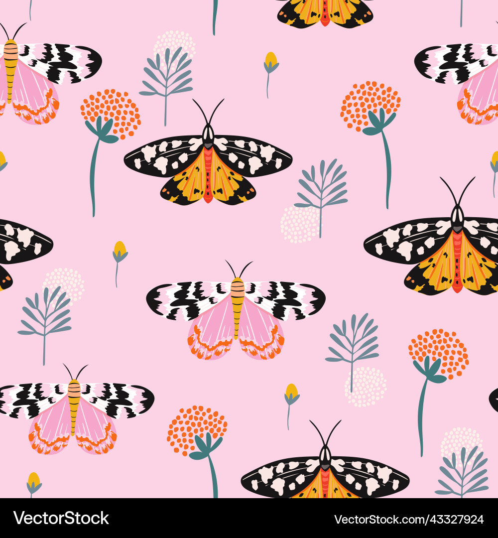 Seamless pattern with moths flowers butterfly