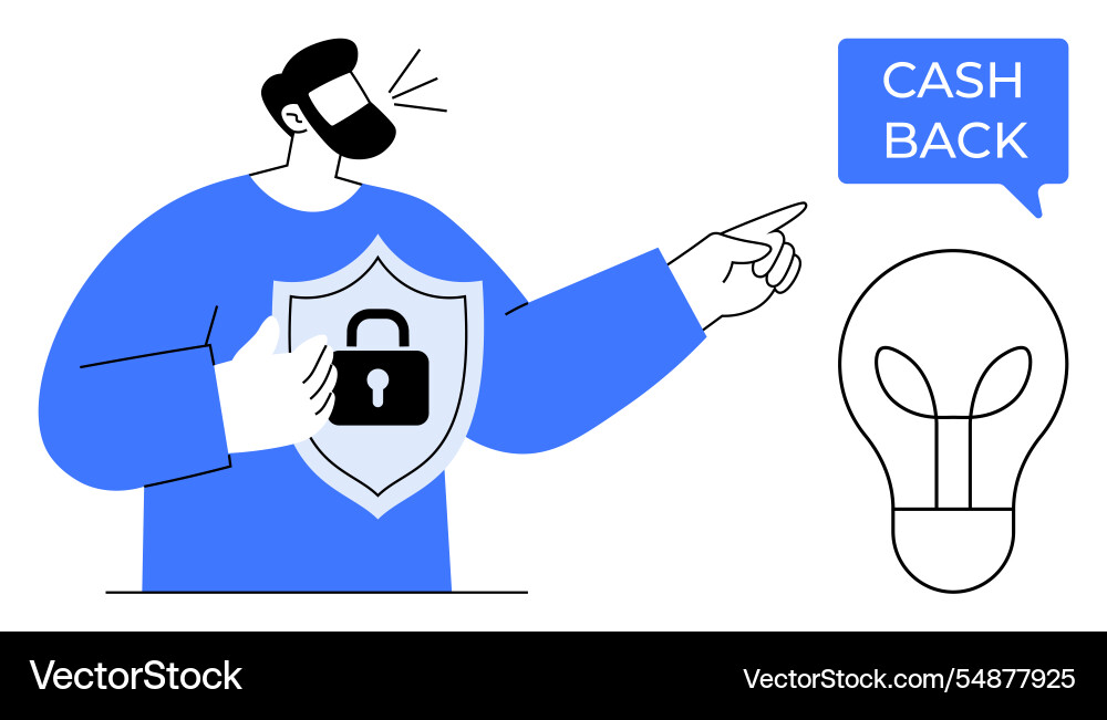 Man with a shield pointing towards idea bulb Man with a shield pointing towards idea bulb vector image