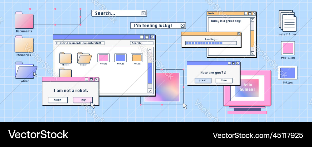 Personal computer screen with old software windows Personal computer screen with old software windows vector image