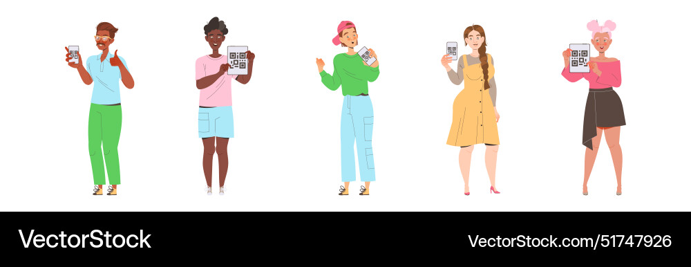 People characters showing qr code on their gadget Vector Image