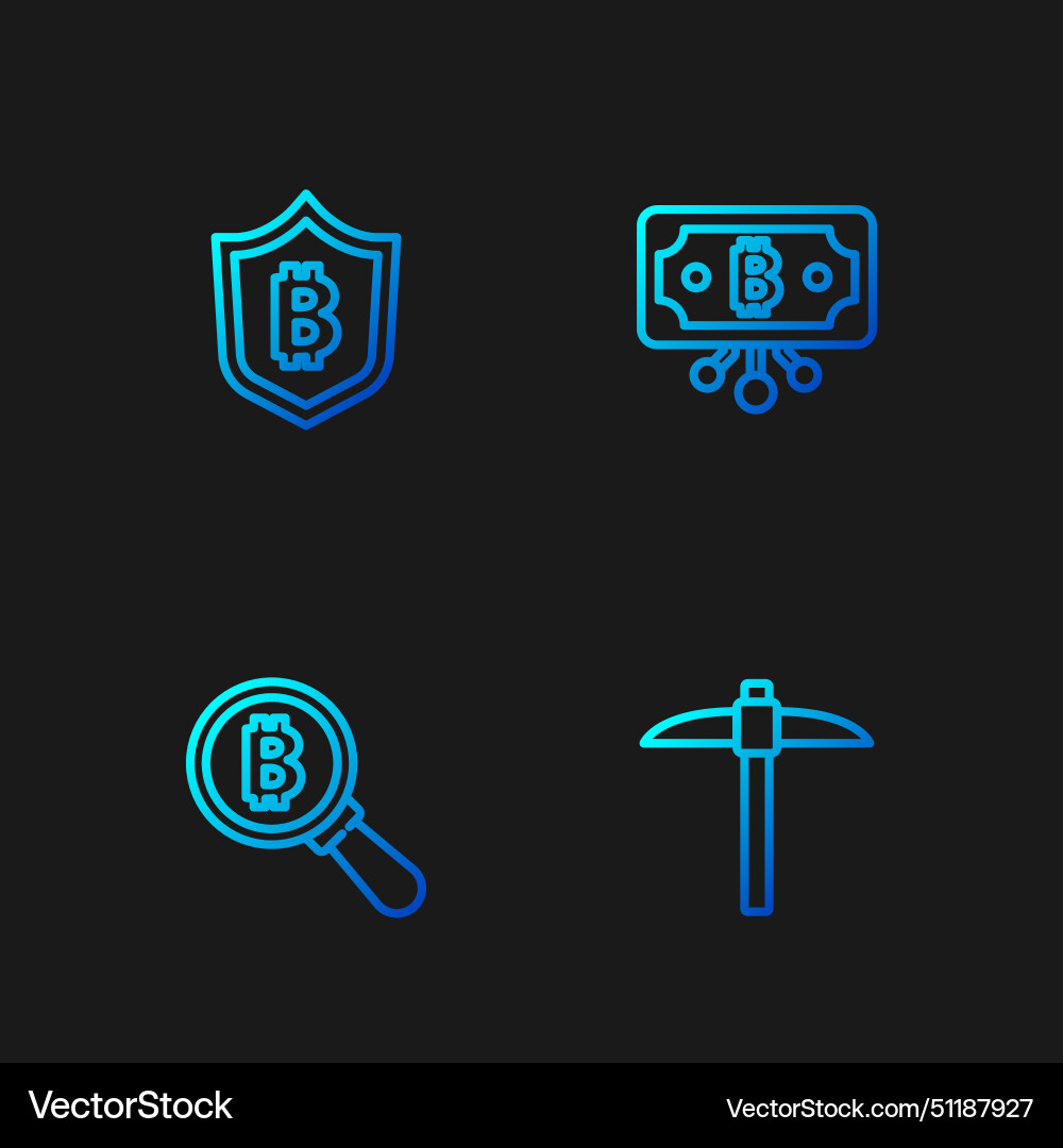 Set line pickaxe magnifying glass with bitcoin Set line pickaxe magnifying glass with bitcoin vector image