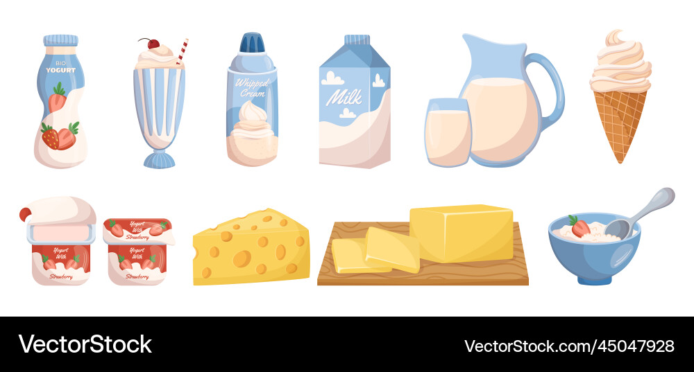 Set of dairy products yoghurt milk in package Set of dairy products yoghurt milk in package vector image