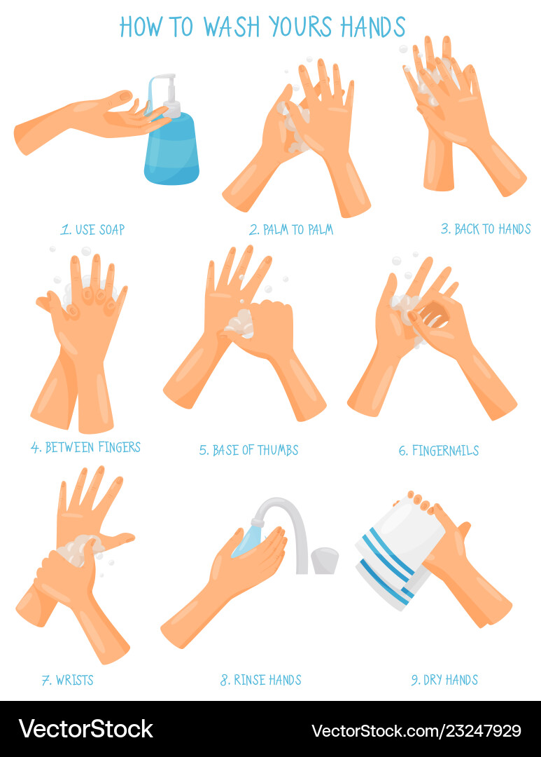 Washing hands step by sequence instruction Washing hands step by sequence instruction vector image