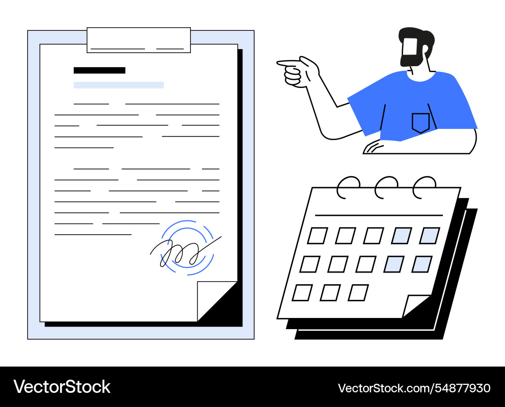 Man pointing at document on clipboard with signed Man pointing at document on clipboard with signed vector image