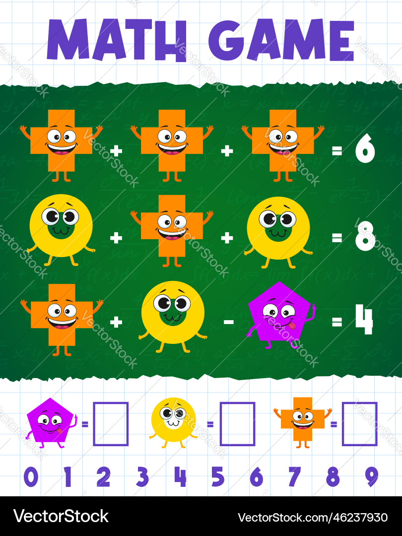 Math shape characters game worksheet quiz vector image