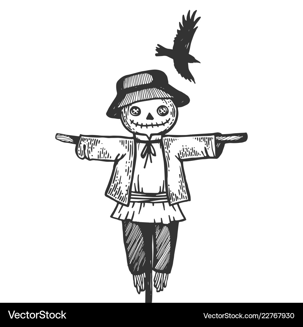 Rustic Scarecrow with Crow Vector Image