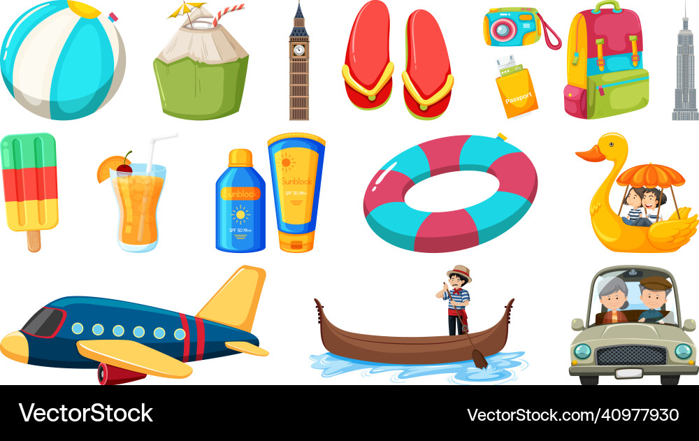 Set of summer vacation objects and elements Set of summer vacation objects and elements vector image