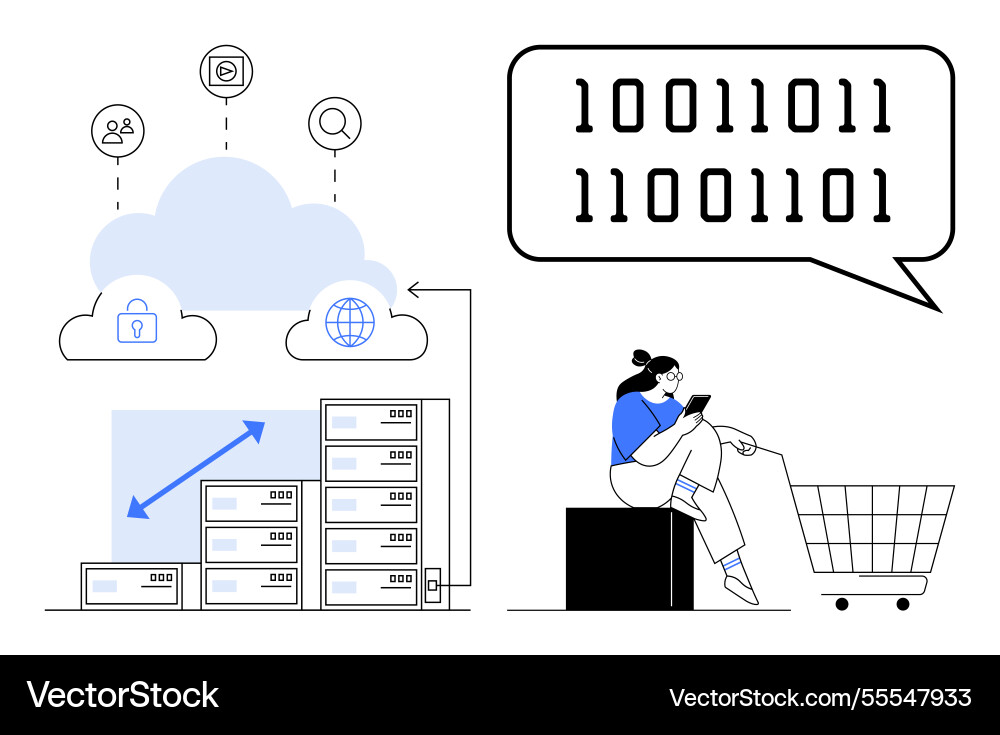 Cloud computing and data storage with binary code vector image
