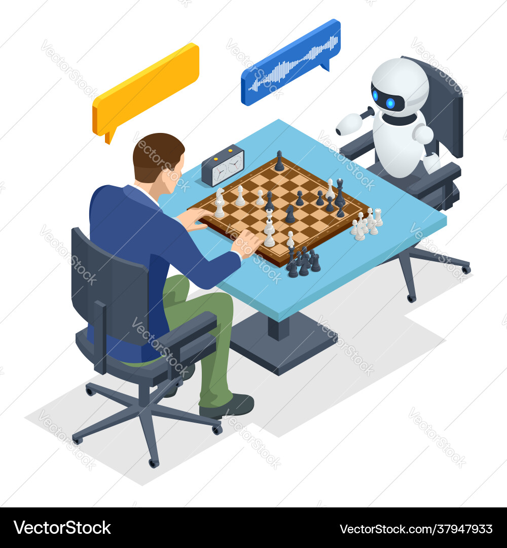 Isometric robot playing chess with a man Isometric robot playing chess with a man vector image