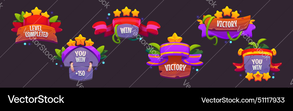 Win and level up badges for mobile game ui design Vector Image