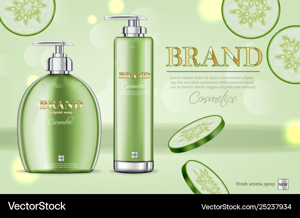 Cucumber soap and shampoo realistic Cucumber soap and shampoo realistic vector image