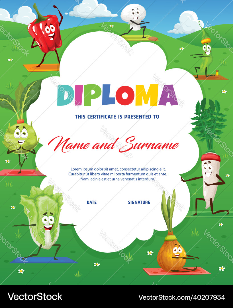 Kinder Diploma Cartoon Gemüse auf Yoga Sport Kinder Diploma Cartoon Gemüse auf Yoga Sport vektorbild