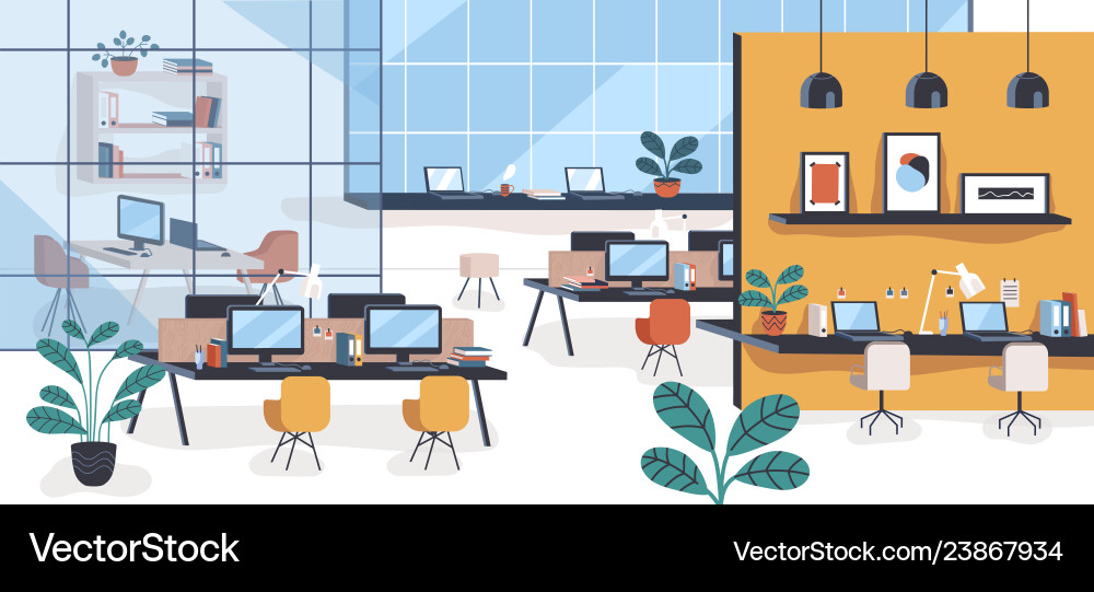 Modern office or open space with desks computers Modern office or open space with desks computers vector image