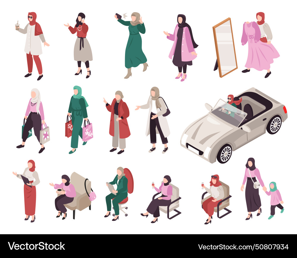 Muslim female people isometric set Royalty Free Vector Image