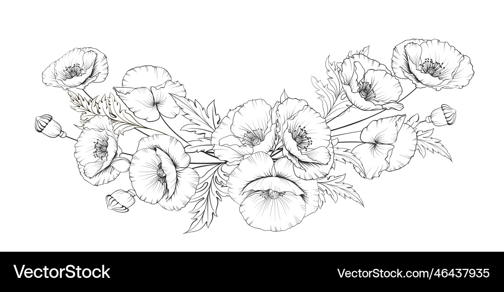 Black silhouette of a garland poppies flowers Black silhouette of a garland poppies flowers vector image