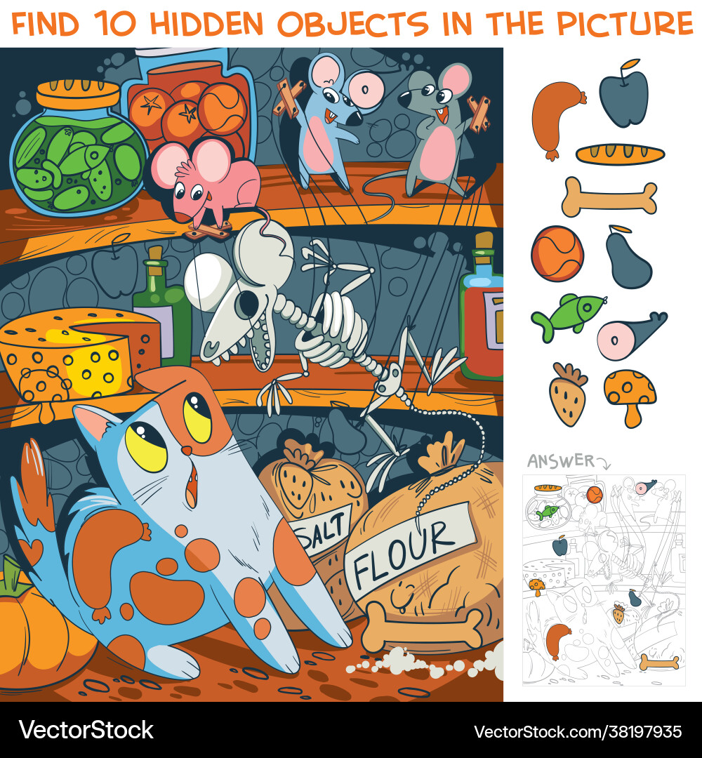 Mice scare cat find 10 hidden objects vector image