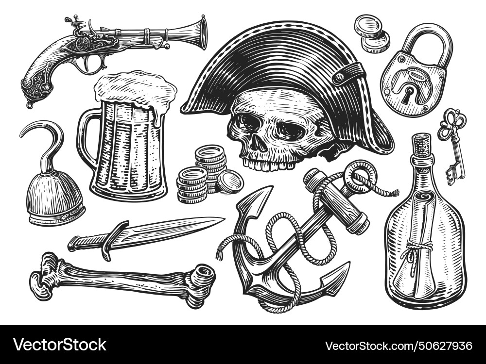 Pirate Konzept Hand gezeichnete Objekte Gravur Pirate Konzept Hand gezeichnete Objekte Gravur vektorbild