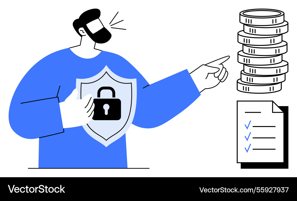 Man highlighting data security with shield Man highlighting data security with shield Vector Image