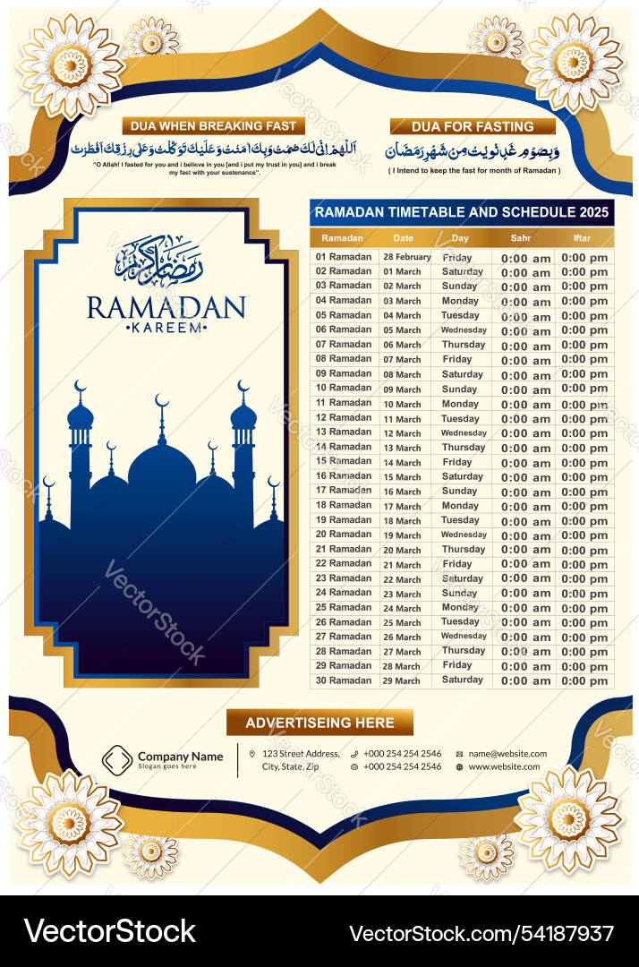 Ramadan kareem timing calendar for 2025 Royalty Free Vector