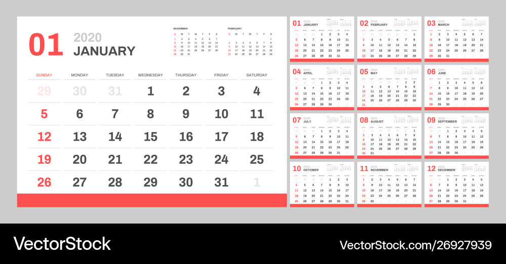 Calendar for 2020 new year in clean minimal table Calendar for 2020 new year in clean minimal table vector image