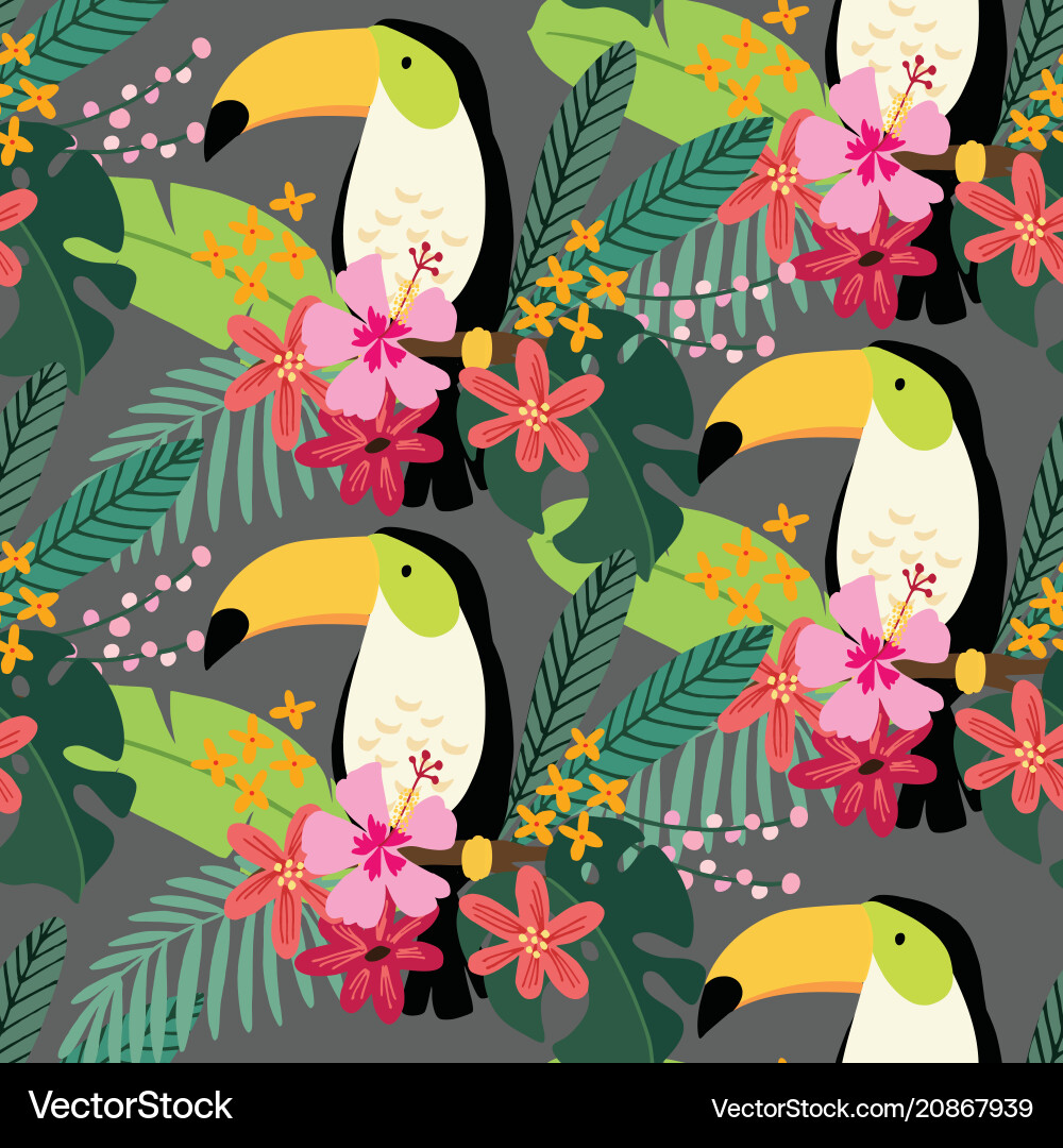 Tropical jungle seamless pattern with toucan bird Tropical jungle seamless pattern with toucan bird vector image