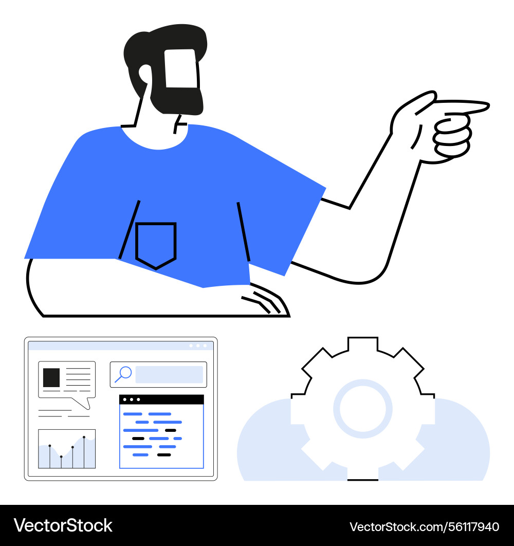 Man gesturing towards search interface with charts Vector Image