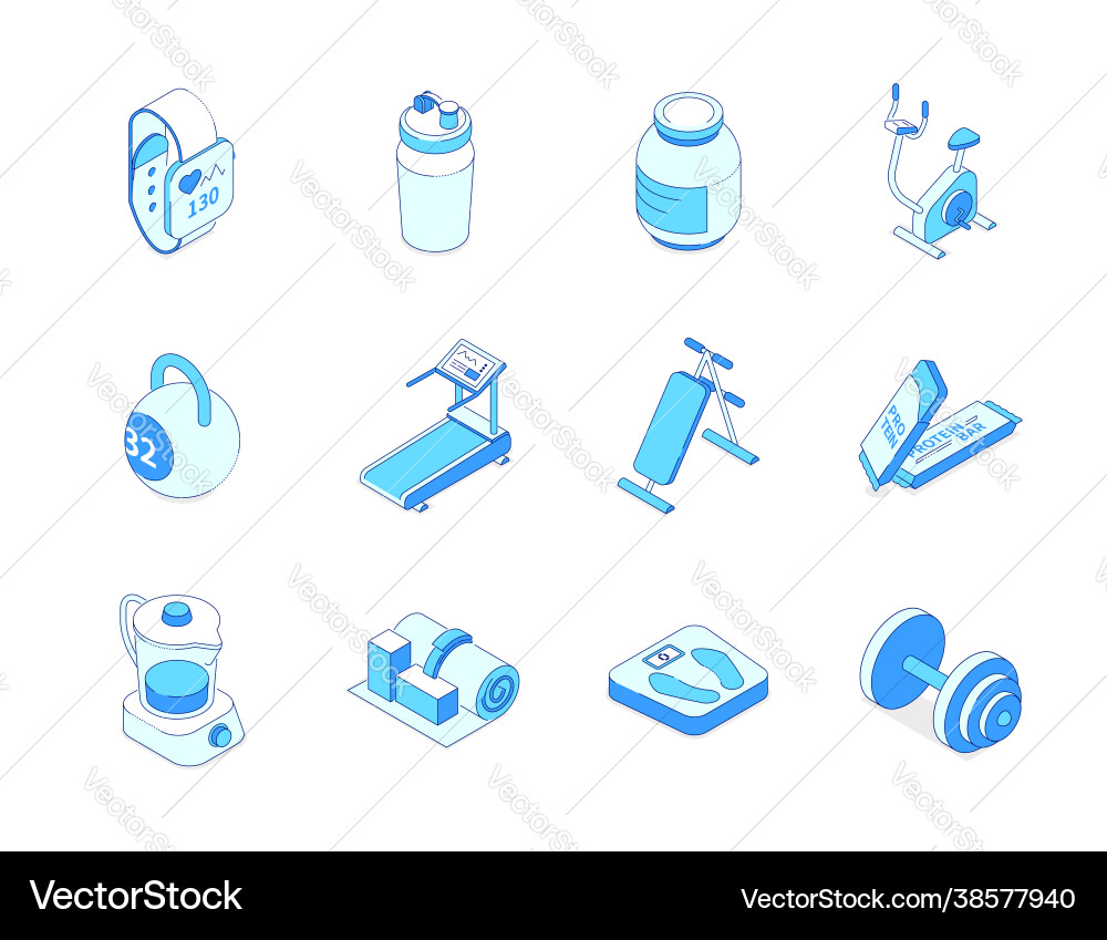 Sport and fitness - modern isometric icons set Sport and fitness - modern isometric icons set vector image