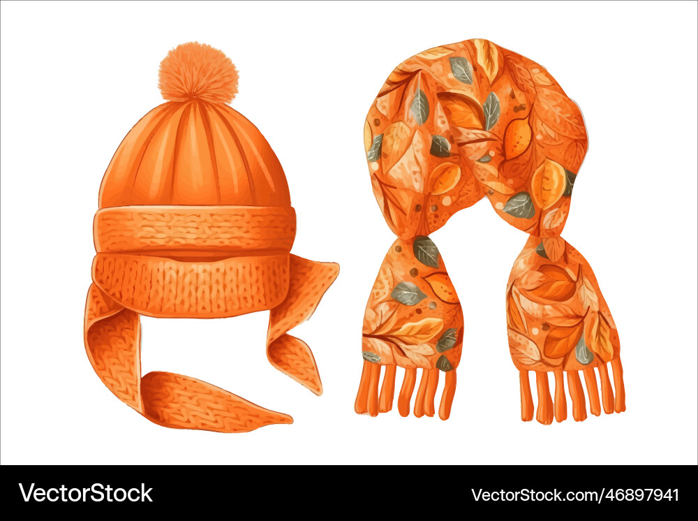 Orange warm hat and scarf isolated on background Vector Image