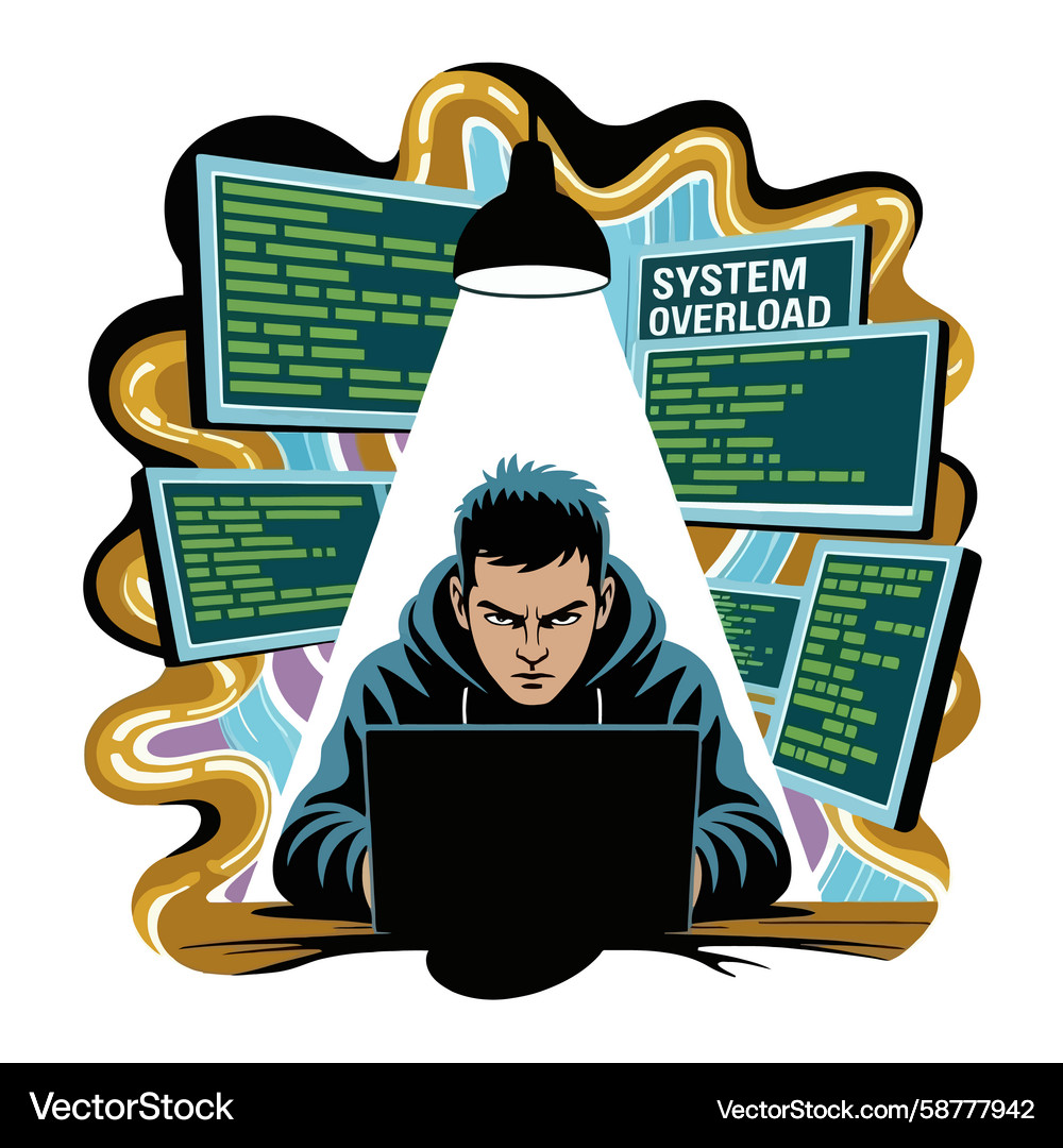 Hacker Working on Laptop - Cyber Security Vector Image