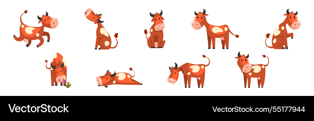 Funny brown cow farm animal in different pose Funny brown cow farm animal in different pose vector image