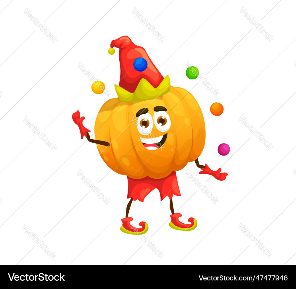 Cartoon halloween pumpkin clown character juggling Cartoon halloween pumpkin clown character juggling vector image