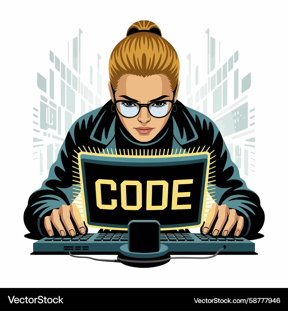 Frau Coding intensiv auf Laptop Vektorbild