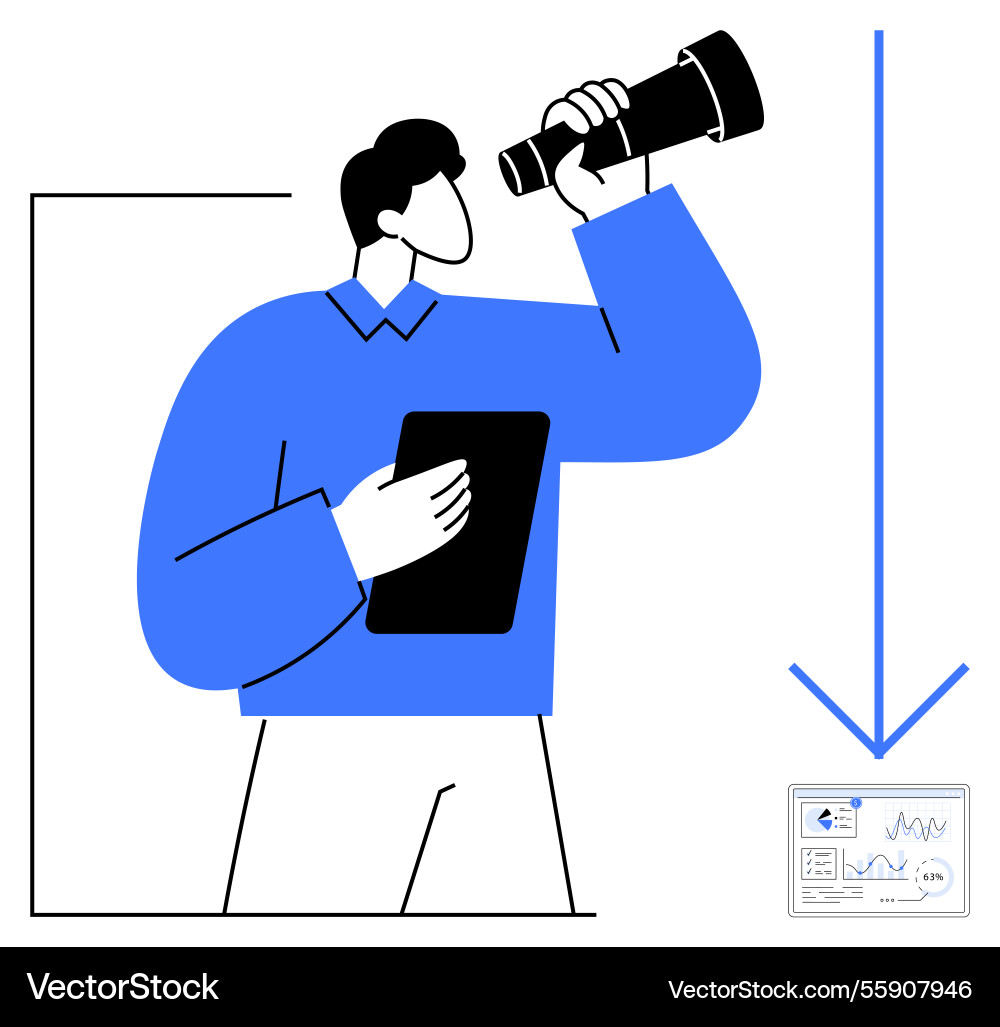 Person using telescope to analyze data with graphs Person using telescope to analyze data with graphs vector image