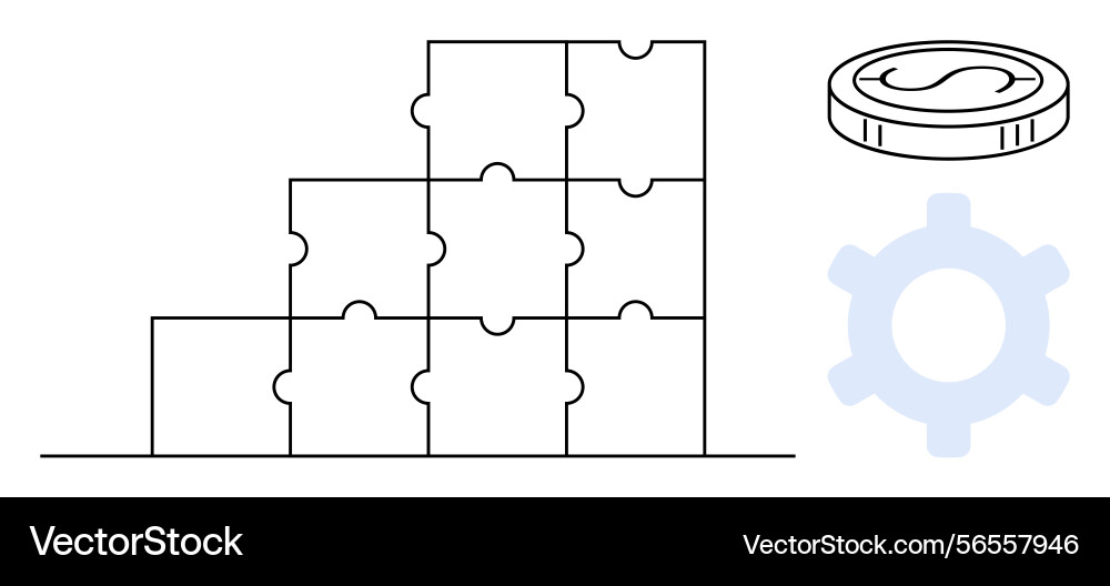 Puzzle stack with gear and coin symbolizing Puzzle stack with gear and coin symbolizing vector image