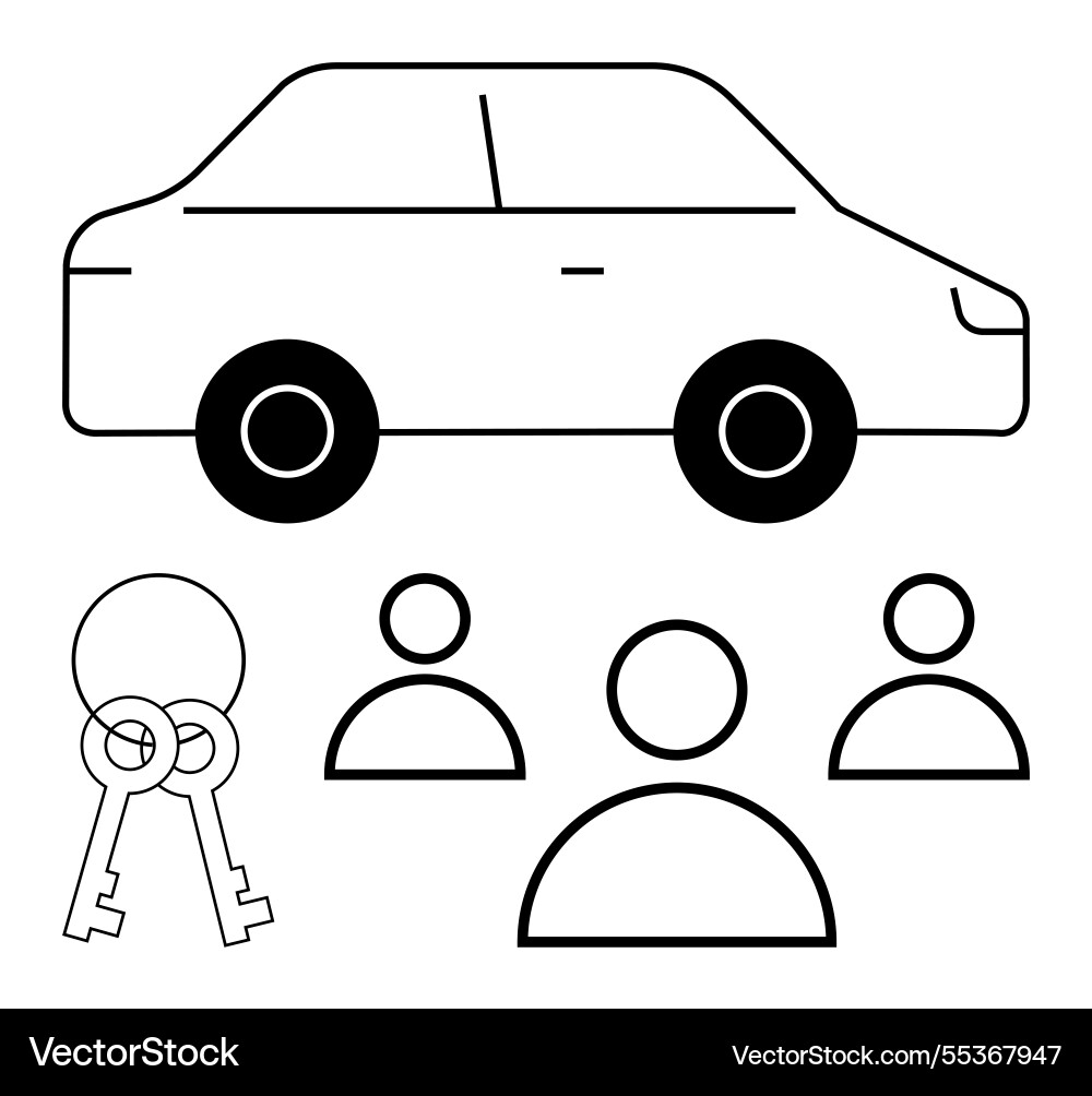 Car sharing concept with three users and shared Car sharing concept with three users and shared Vector Image