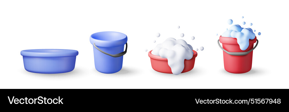 3d set of plastic bucket with soapy foam and empty 3d set of plastic bucket with soapy foam and empty Vector Image