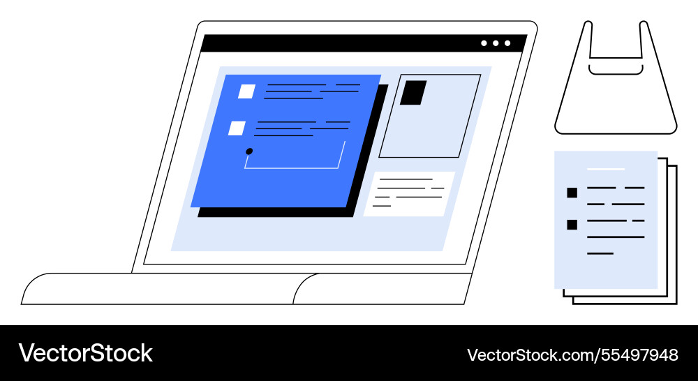 Digital workspace with laptop displaying online Digital workspace with laptop displaying online Vector Image