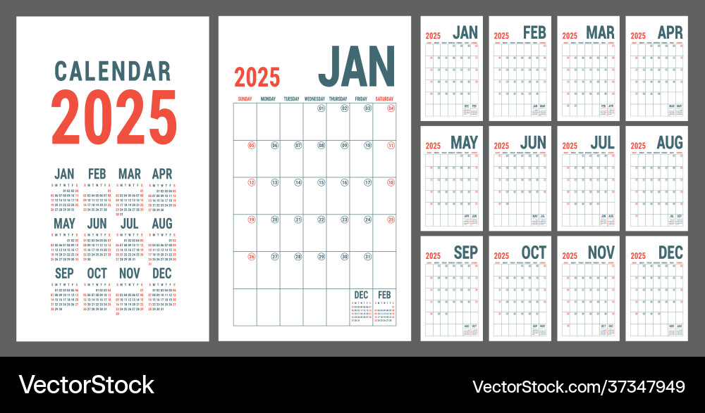 Kalender 2025 englische rote Planervorlage Vektorbild