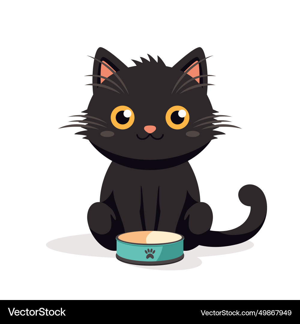 Cute Black Cat with Food Bowl Vector Image
