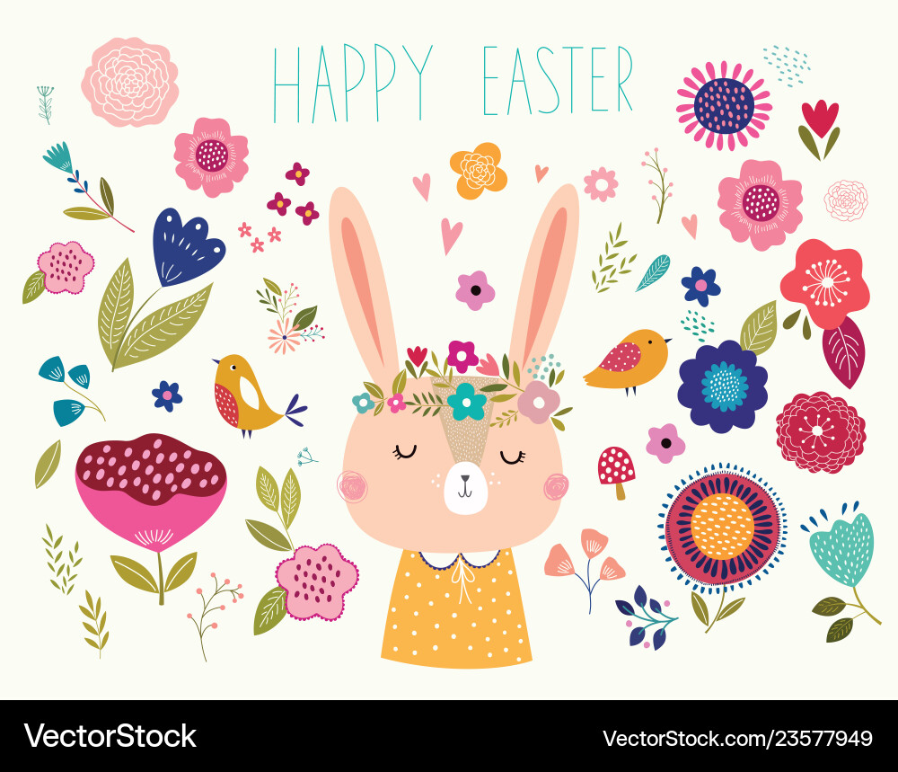 Cute Bunny with Flowers - Easter Theme vector image
