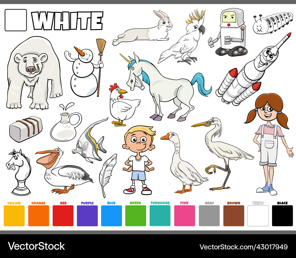 Set with cartoon characters and objects in white Set with cartoon characters and objects in white Vector Image