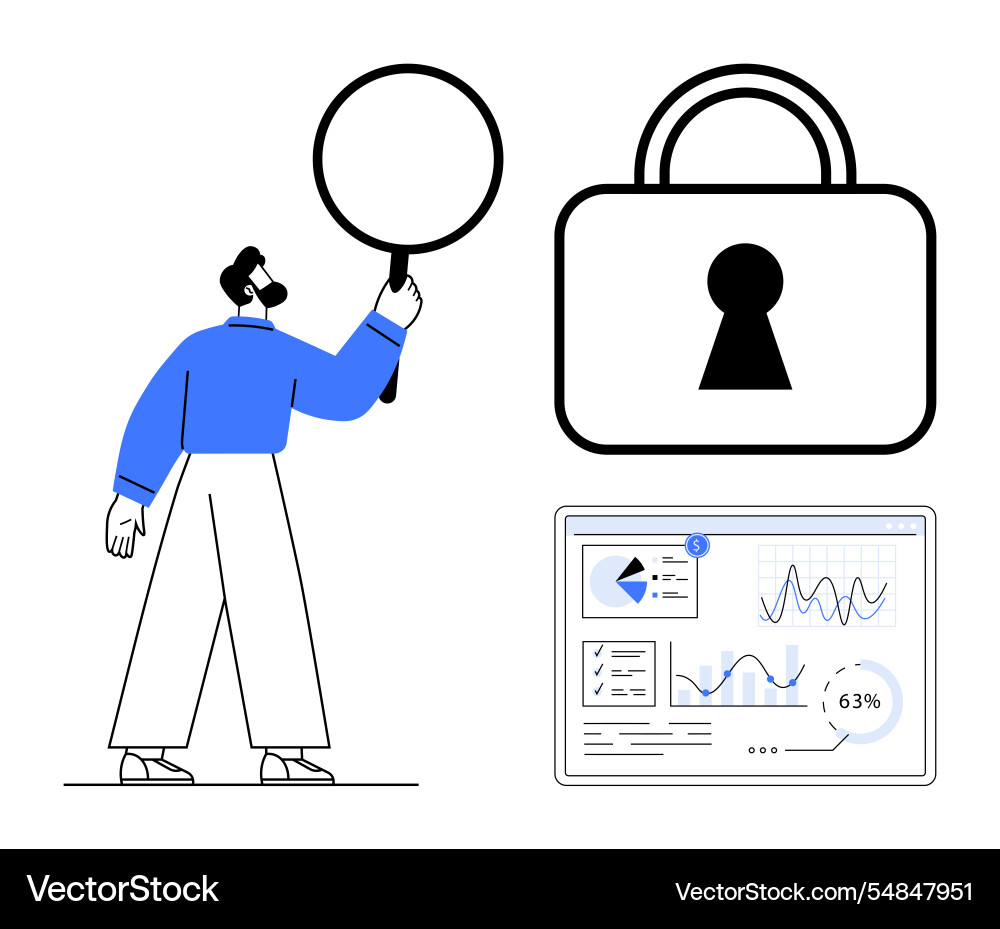 Man with magnifying glass examining data analysis Man with magnifying glass examining data analysis vector image