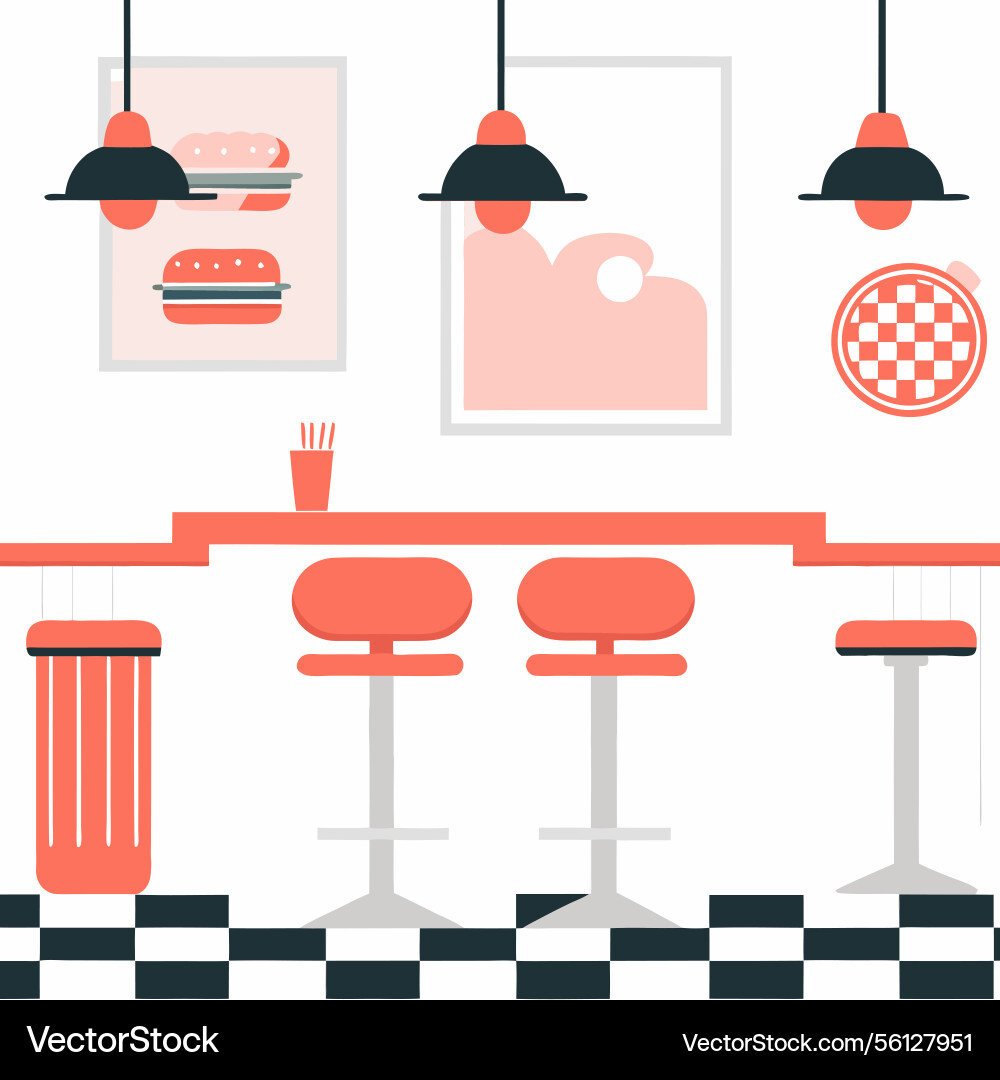 Retro diner counter with stools and checkered Vector Image