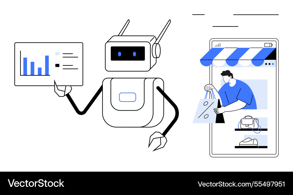 Robot advisor assisting online shopping with data vector image