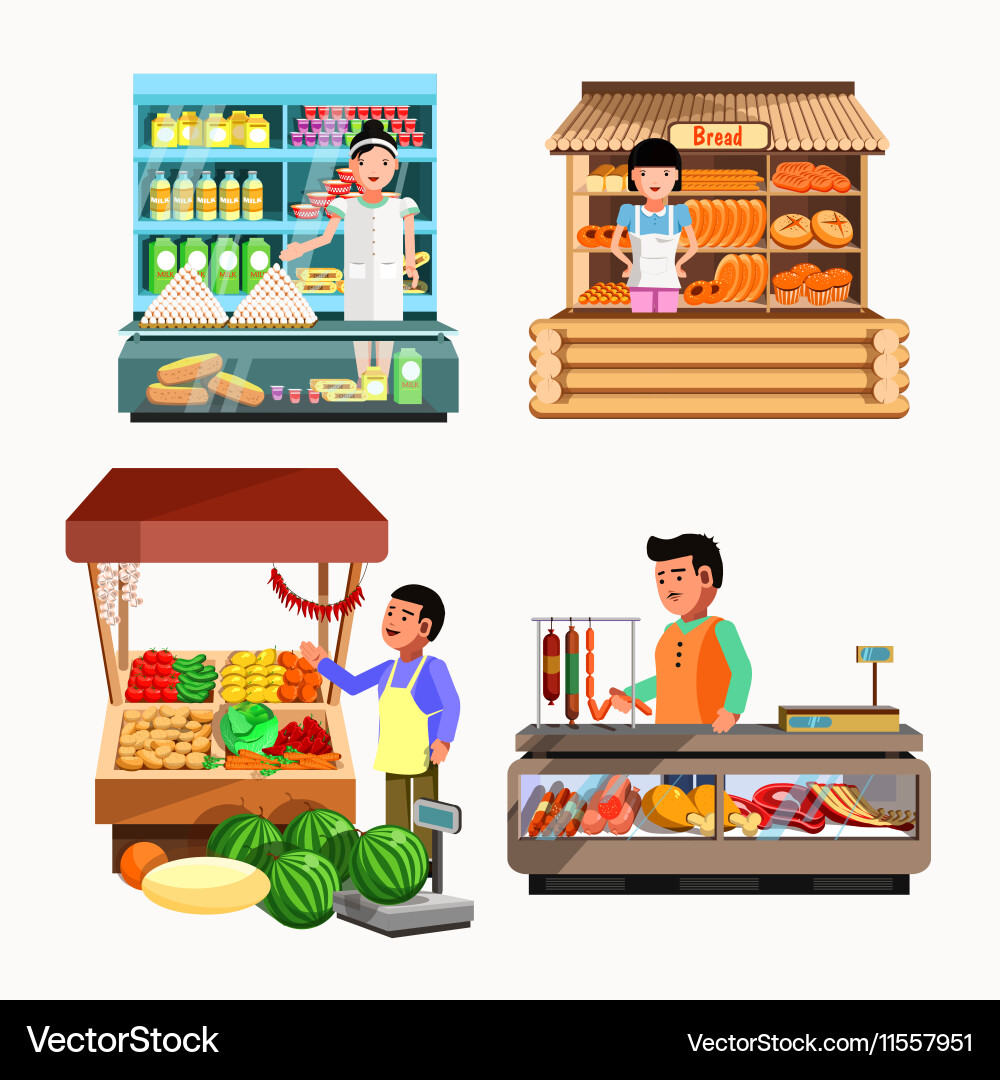 Set of sellers at the counter and stall Vector Image