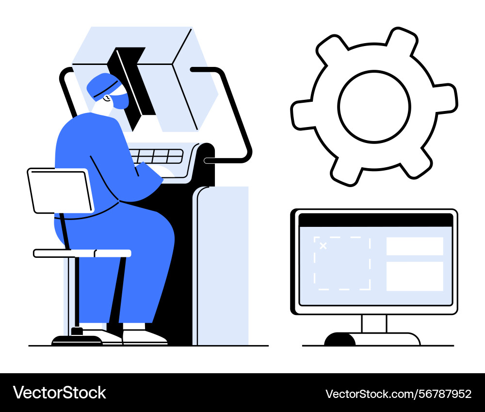 Factory worker operating machinery with monitor Factory worker operating machinery with monitor vector image